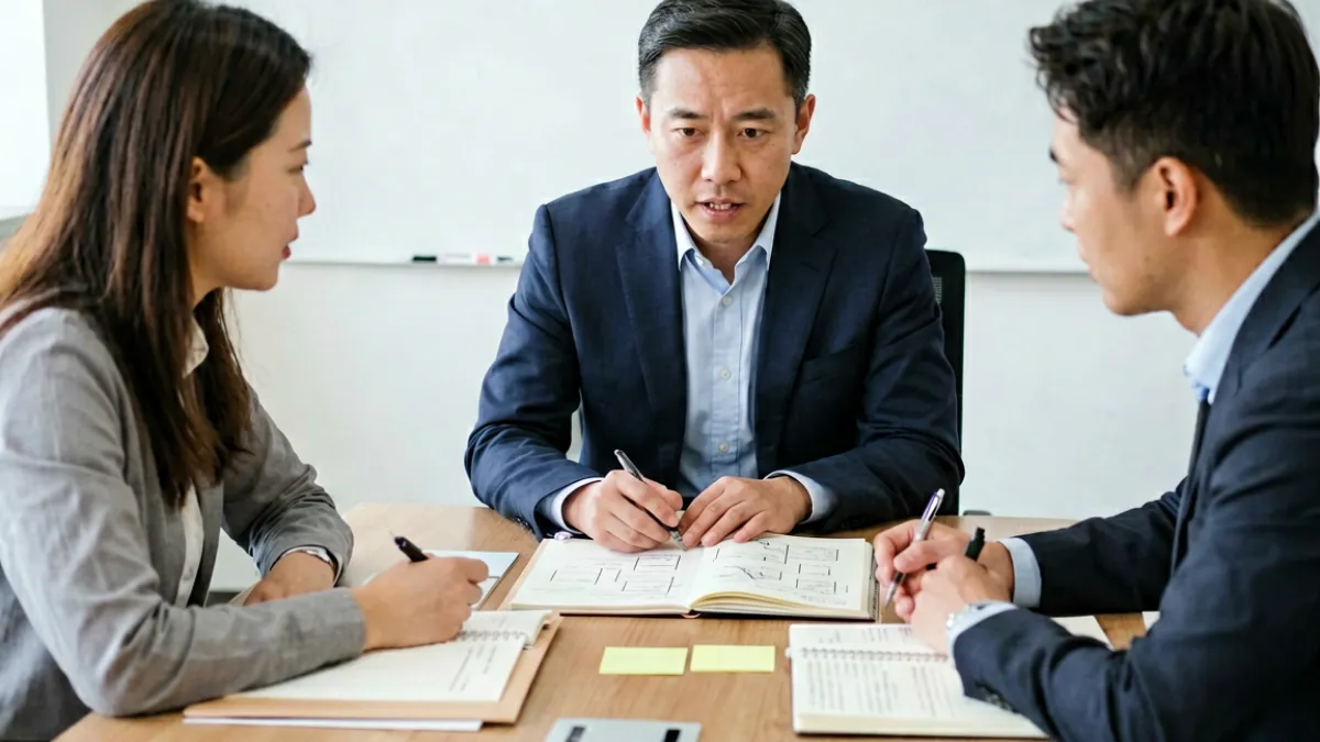 编辑团队讨论木下凛凛子作品分析框架，桌面上摆放着资料文件与笔记本