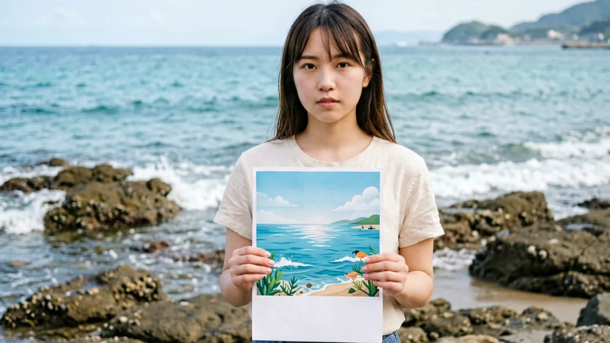 木下凛凛子参与海洋保护公益拍摄，站在海岸礁石旁手持宣传道具