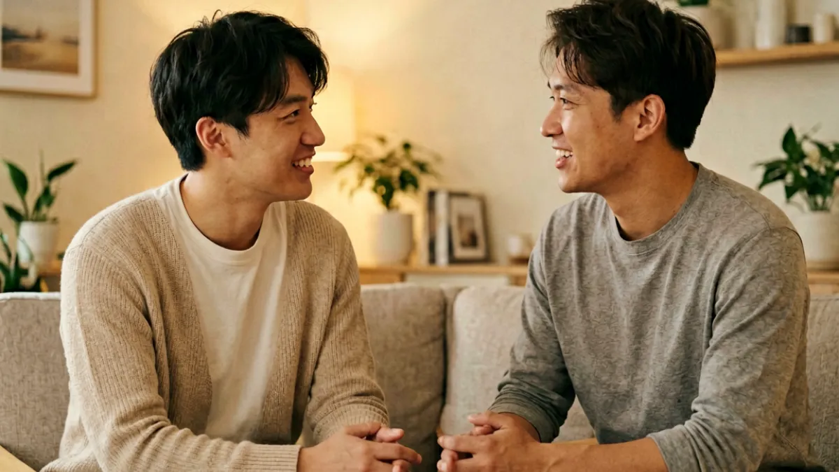 木下凛凛子与对手演员搭档出演的互动场景，室内布景温暖柔和